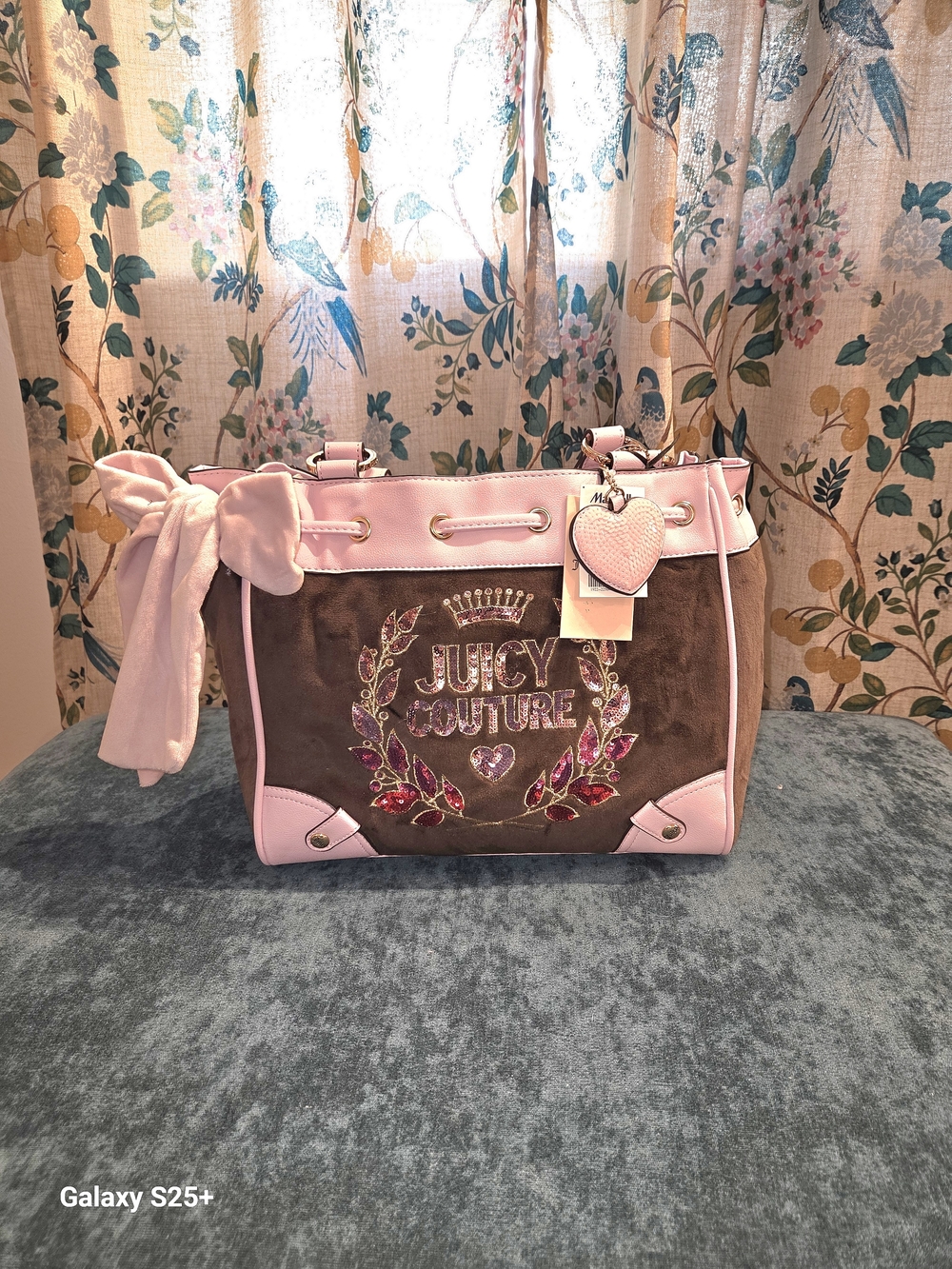 Juicy Couture Brown Tote with Pink Trim and Heart Charm